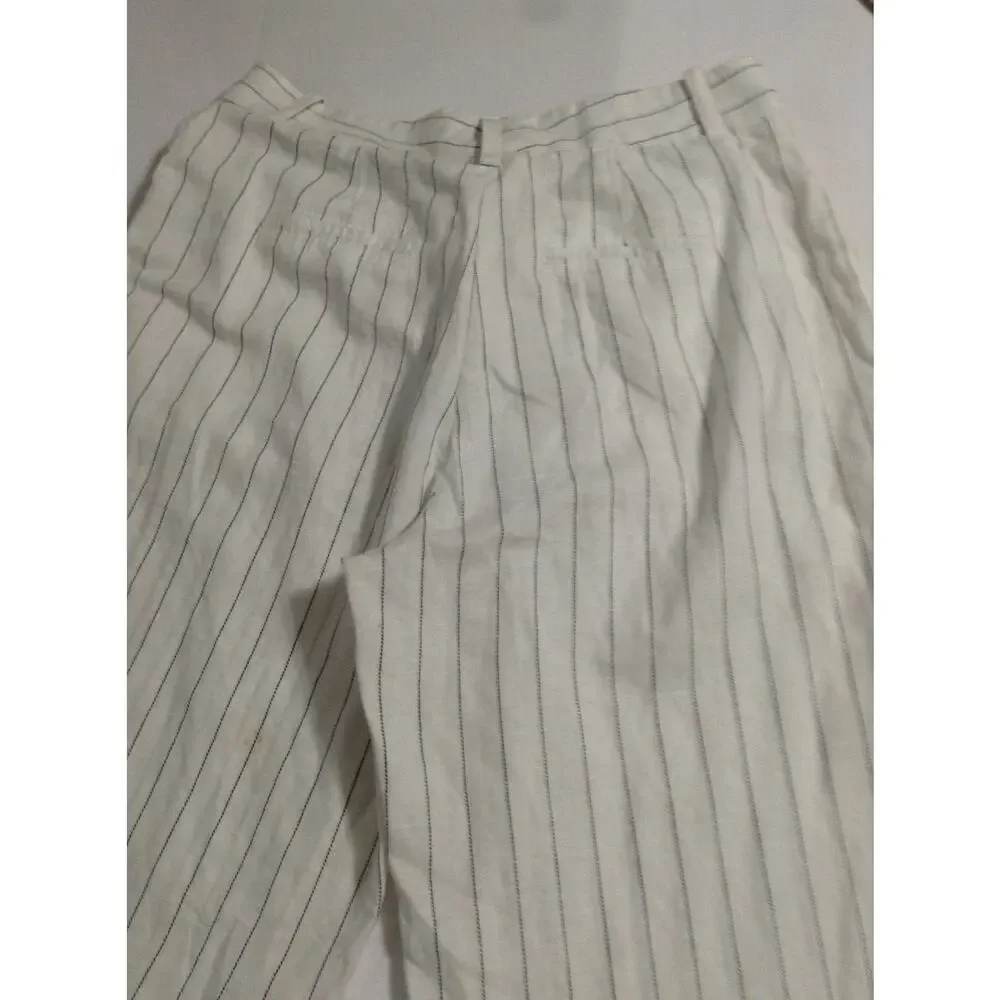 ZARA White Pinstripe Linen Blend Pants Women XL Wide Straight Leg Resort Beach